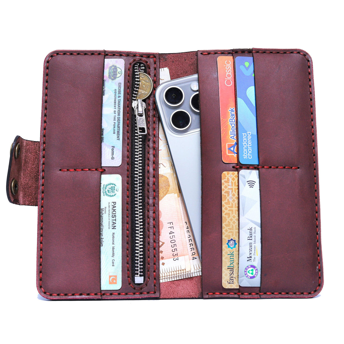 Rosso Leather Wallet, Maroon Leather Wallet with Button Closure
