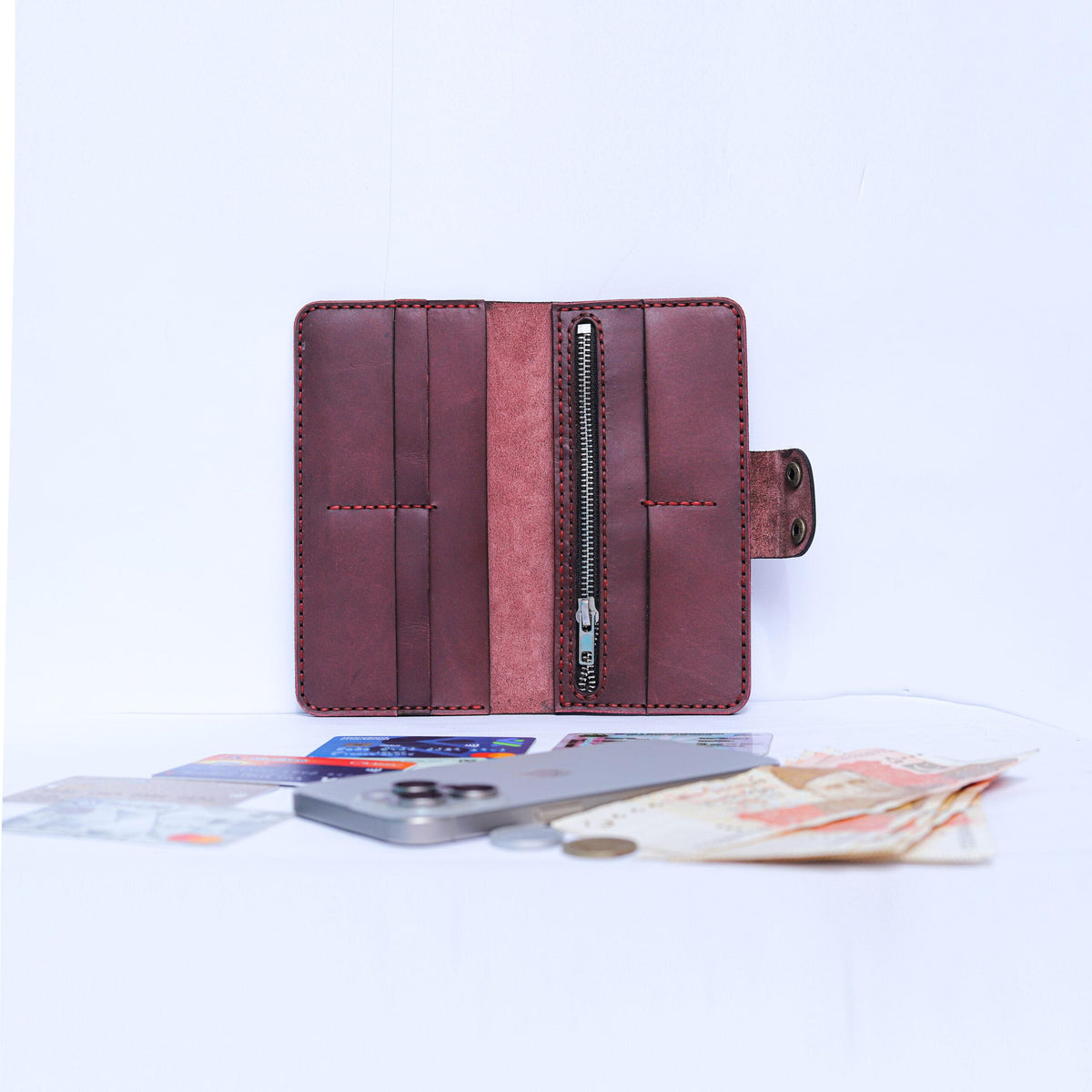 Rosso Leather Wallet, Maroon Leather Wallet with Button Closure